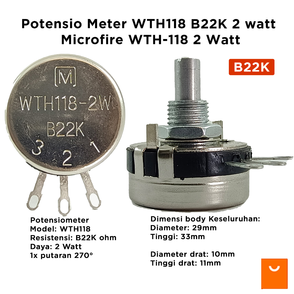 Potensio Meter WTH118 B22K 2w Microfire WTH-118 2 Watt