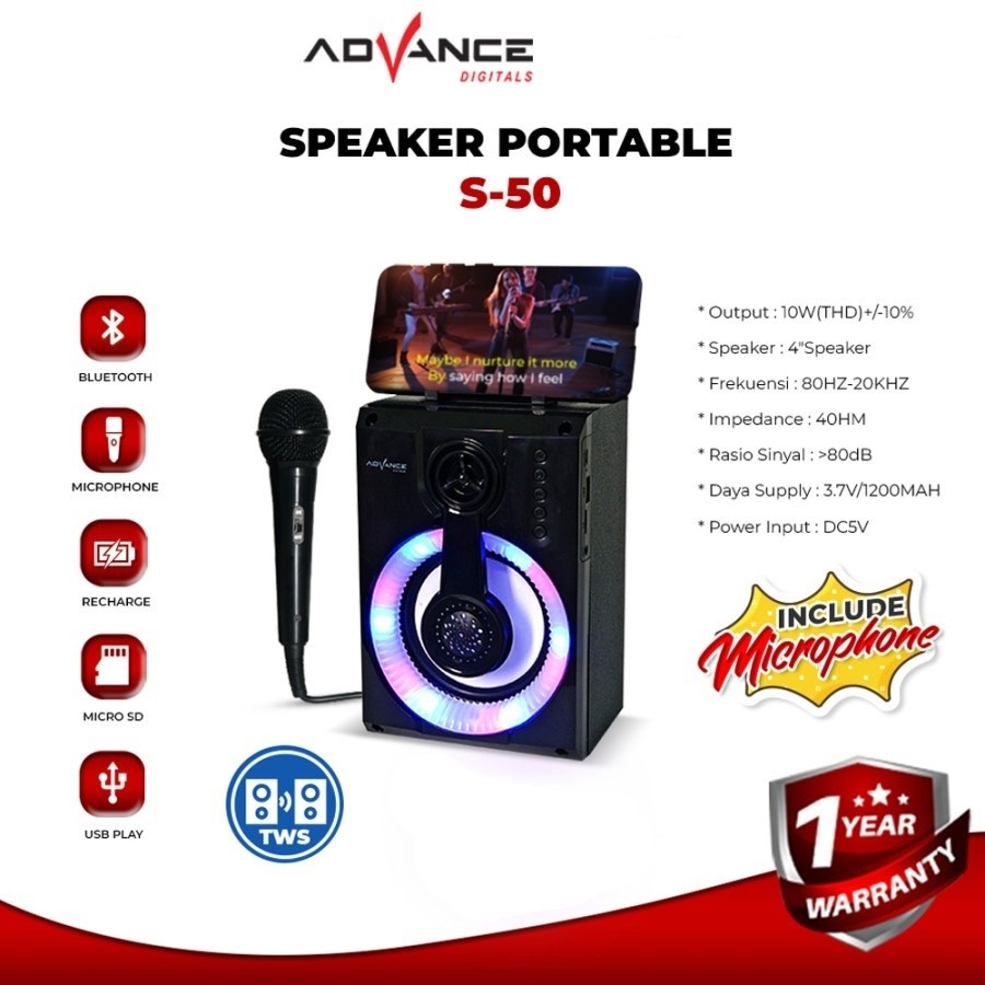Advance Speaker Microphone + Mic S50 Speaker Karaoke Bluetooth - Hitam