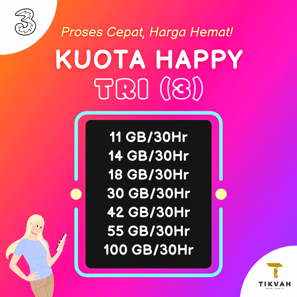 Kuota Tri Happy | Paket Data Internet Three 11GB 14GB 18GB 30GB 42GB 55GB 100GB