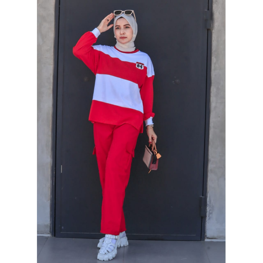 Mmaayra - Luvy Set - New oneset setelan atasan celana 17 agustusan setelan merah putih kekinian baju wanita oversize premium muslim terbaru atasan oversize merah putih salur besar salur kecil