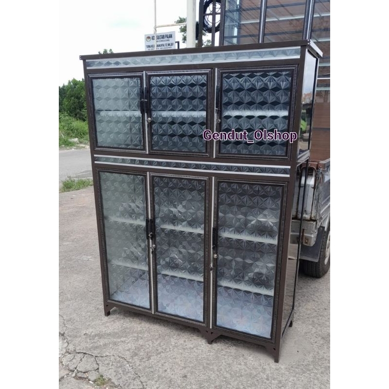 (Khusus Wilayah Kota Palembang) Rak piring 3Pintu Kaca Tiang Warna Kaca, ACP, Alumunium/ Lemari Piri
