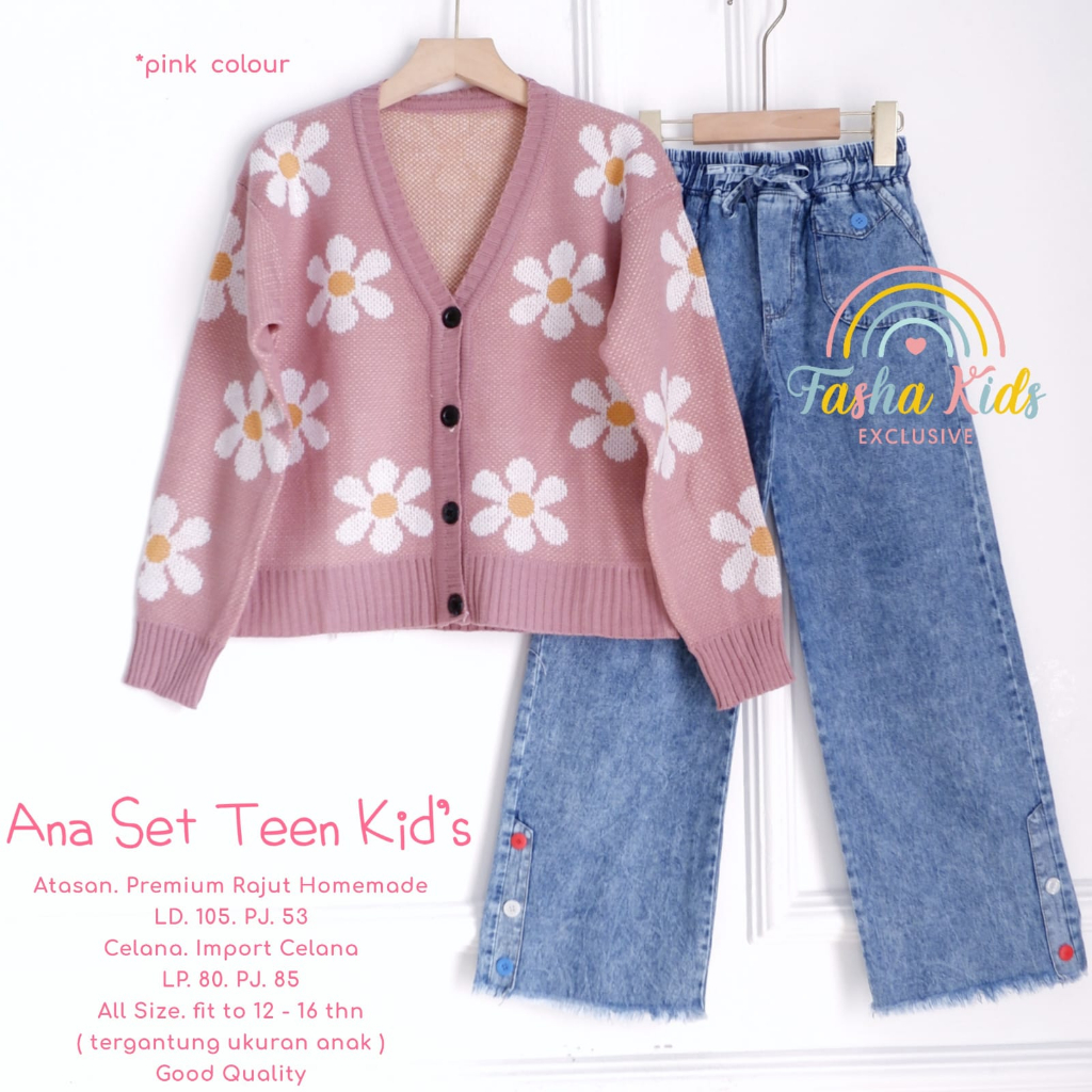 ANA SET TEEN KIDS ORIGINAL BY FASHA SETELAN BAJU ANAK REMAJA BLAZER RAJUT MOTIF BUNGA DAN CELANA JEA
