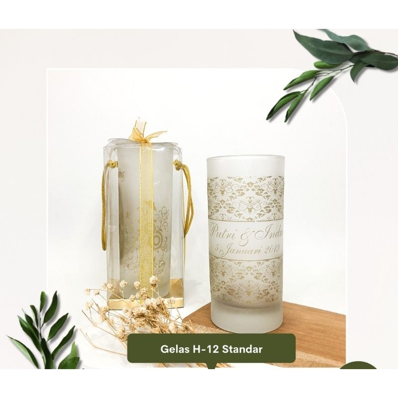 souvenir pernikahan gelas kaca Dove gelas bambu tinggi 14 cm plus cetak sablon custom nama
