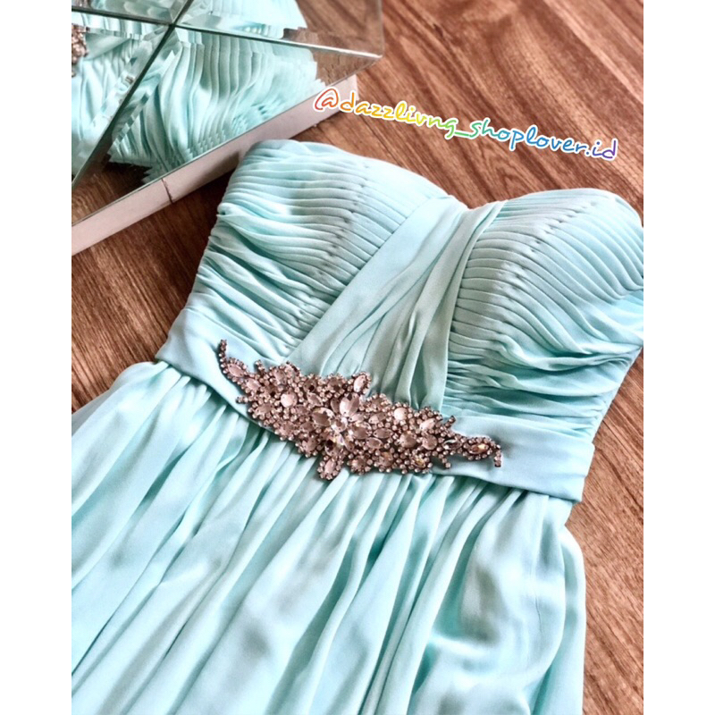 GAUN PESTA PREMIUM KEMBEN KRISTAL HIJAU MINT MUDA IMPORT / CRYSTAL MAXI PARTY DRESS / LONG MINT GOWN