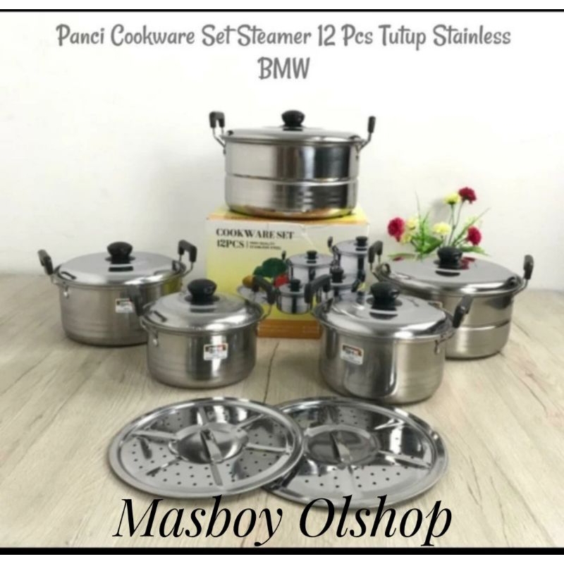 Panci Set Cookware Steamer Stainless Steel BMW 12 Pcs+Tutup