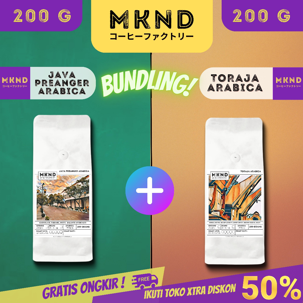 

MKND® BUNDLING HEMAT 2X200 BUNDLING KOPI ARABIKA JAVA PREANGER GRADE 1 SINGLE ORIGIN + TORAJA SAPAN GRADE 1 SINGLE ORIGIN PROMO DISCON | BIJI BUBUK | SINGLE ORIGIN | PREMIUM COFFE | ROASTED BEANS | MANUAL BREW | COFFE ROASTERY