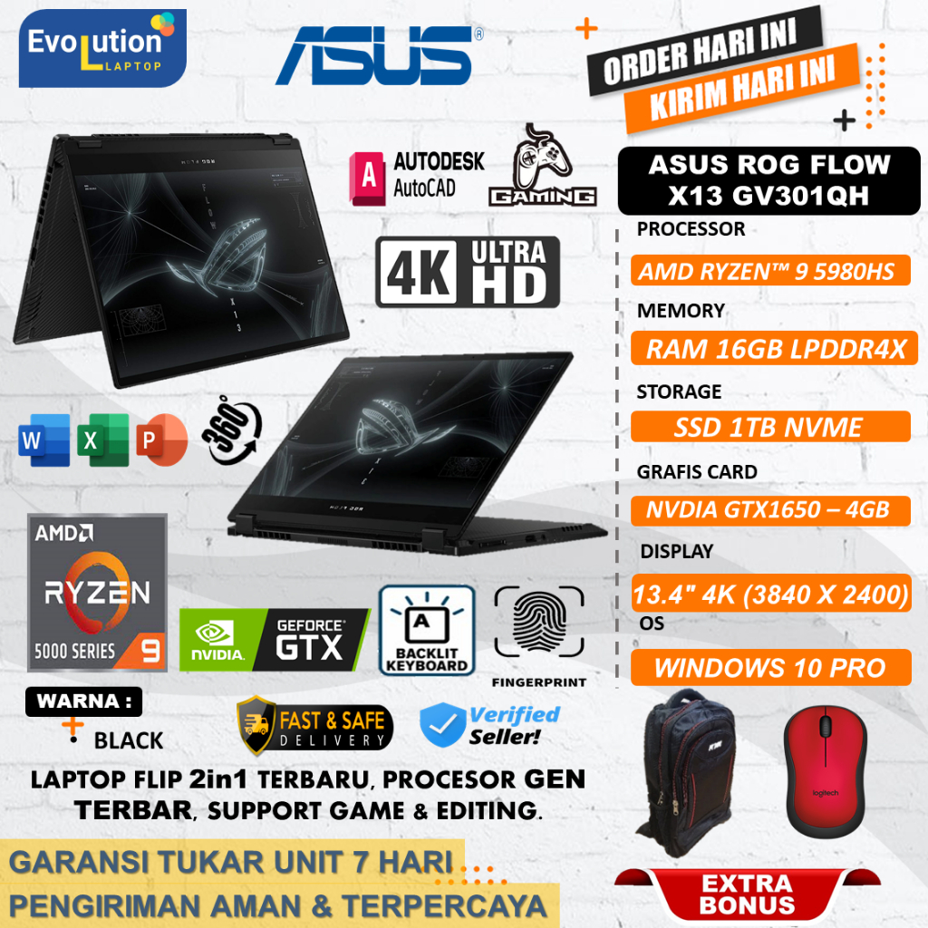 LAPTOP GAMING ASUS ROG FLOW X13 GV301QH AMD RYZEN 9 5980HS RAM 32GB 1TB SSD GTX1650 MAX-Q DESIGN 4K 
