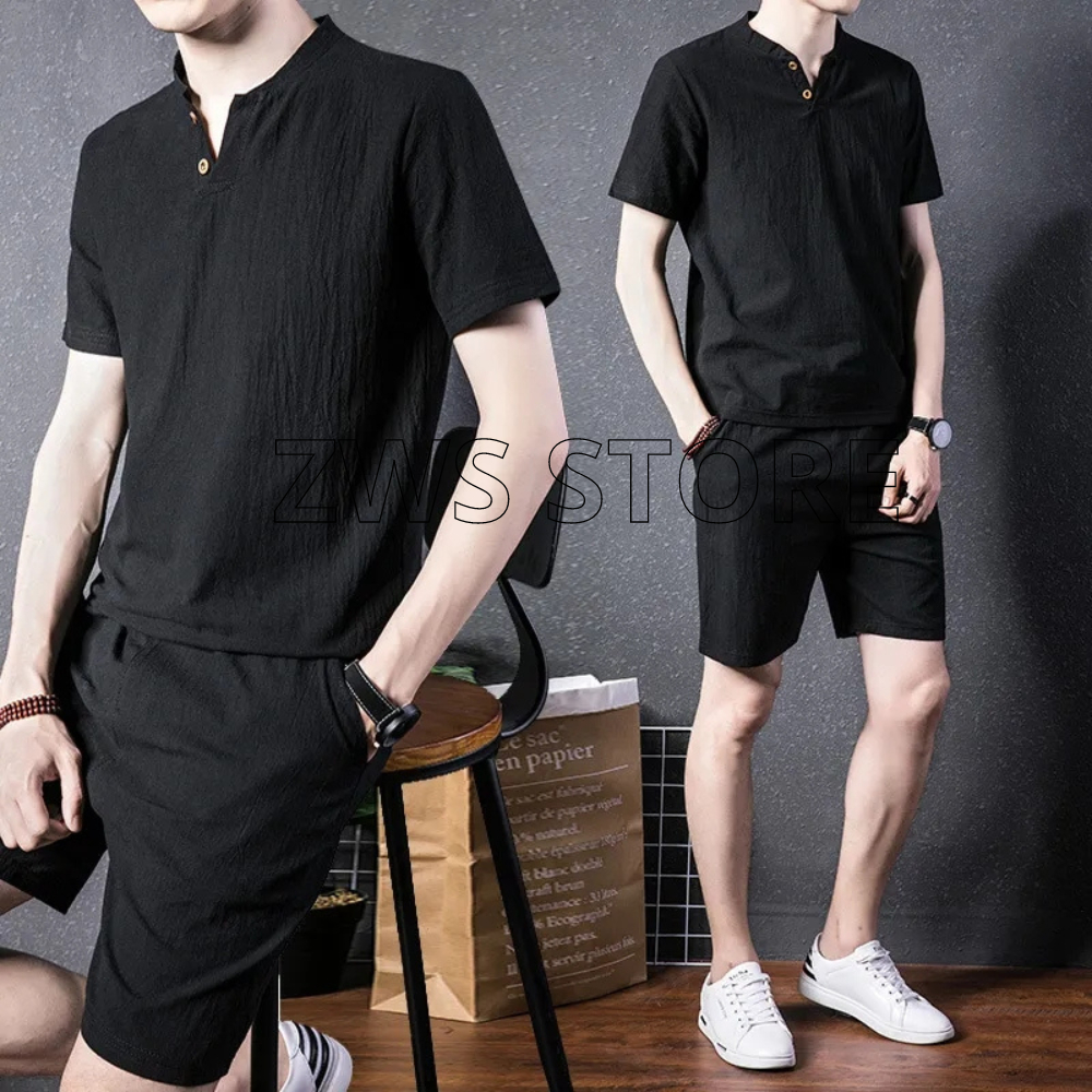 Baju Setelan Pria Dewasa AMOND Hitam Polos One Set Lengan Pendek Atasan + Celana Baju Santai