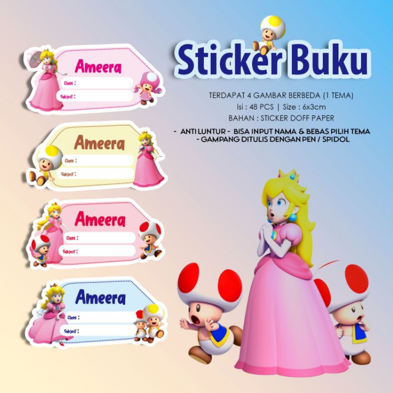 

Sticker / Stiker Buku Custom Nama Karakter MARIO BROSS / PEACH / PRINCESS PEACH / PUTRI PEACH