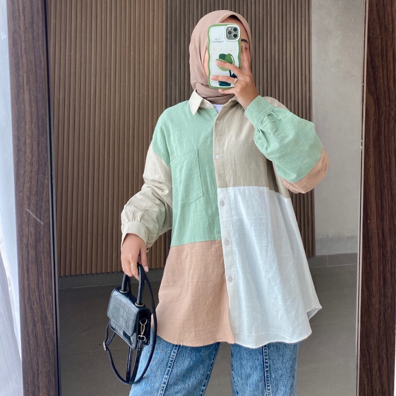 Erika Blouse Kemeja Kombinasi Oversize Linen Angel Jumbo