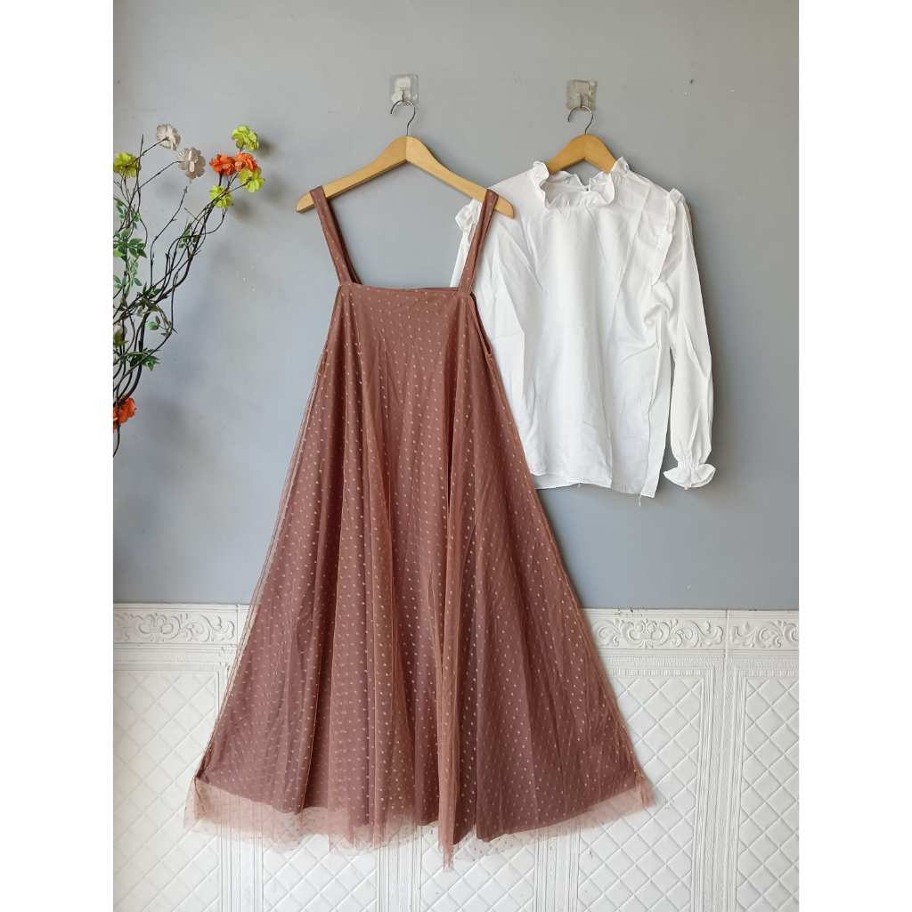 MOA TOP + OVERALL TULLE ADA FURING + INNER PUTIH  MAYUNG/OVERALL KOREAN STYLE/SET OVERALL KOREA