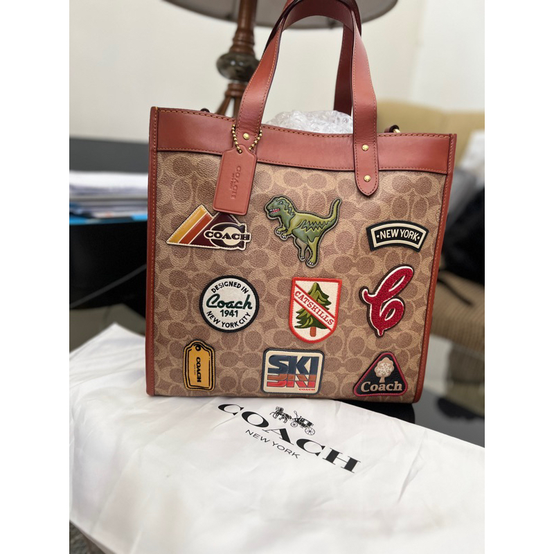 Coach Field Tote Signature Patches Canvas Tan Rush Authentic Preloved