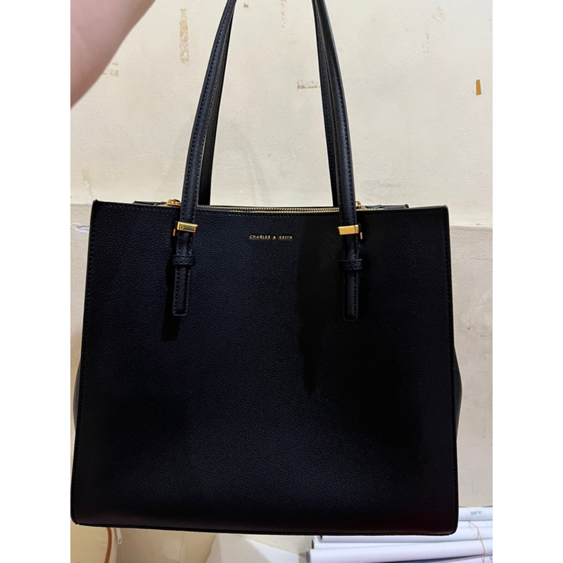 charles & keith double handle tote bag black gold original store authentic 100% cnk charles n keith 