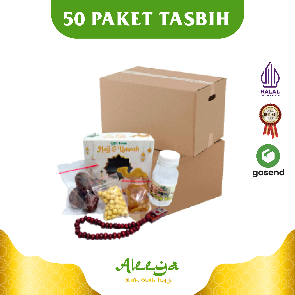 

Oleh-oleh Haji Umroh Hemat kurma + kismis + kacang arab +air zamzam + tasbih kayu Paket 50 pcs