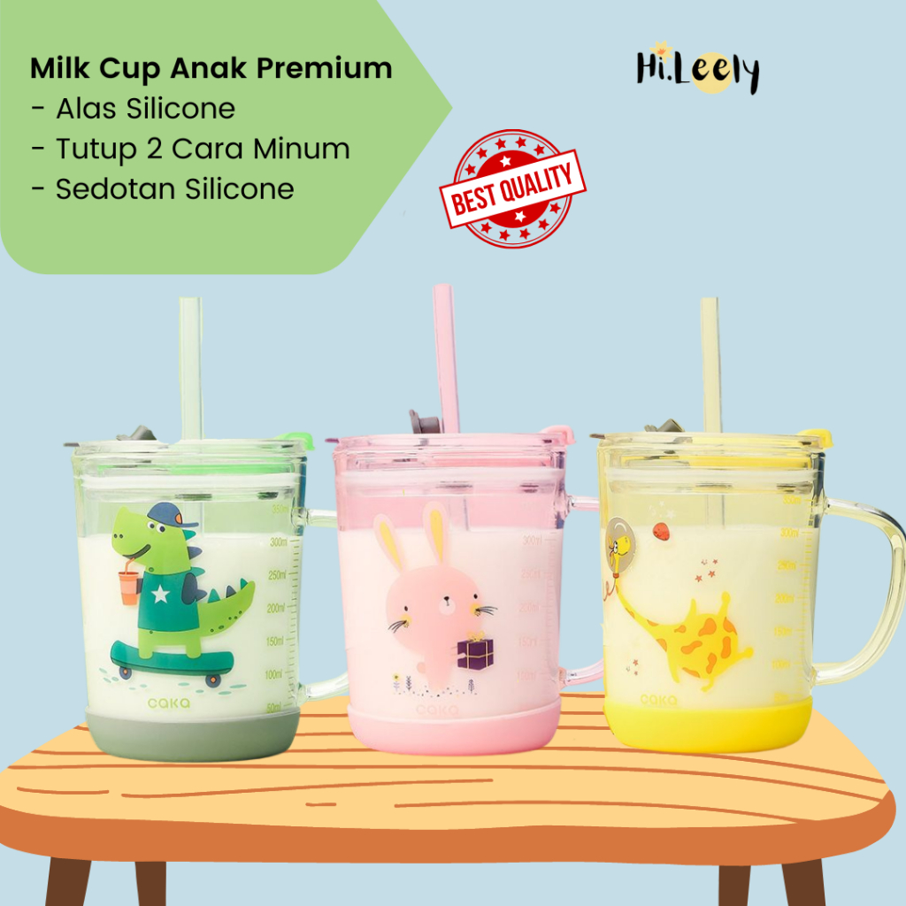 GELAS ANAK GELAS SUSU ANAK KACA ANTI TUMPAH DENGAN SEDOTAN + ALAS & SEDOTAN SILICONE