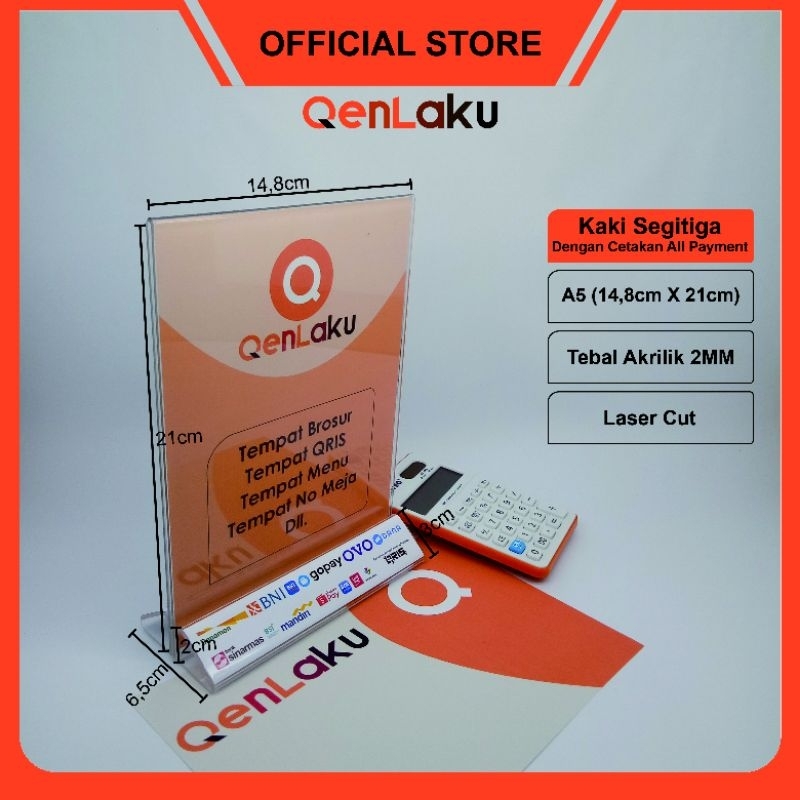 

Akrilik Tempat QRIS/ Barcode A5 2mm kaki segitiga dengan cetakan logo all payment