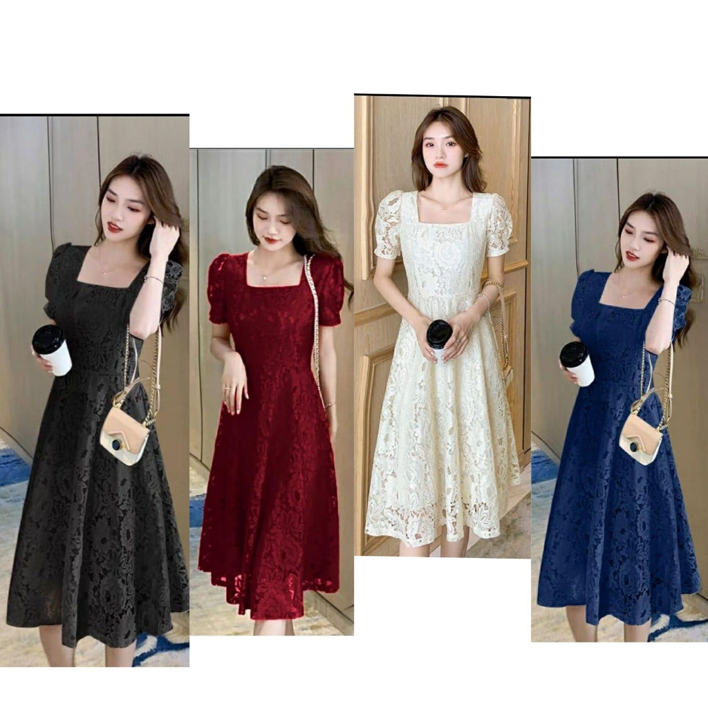 Baju Kondangan Wanita Kekinian Hitam Merah Putih Polos Brokat Mewah Premium Dress Brukat Pesta Murah