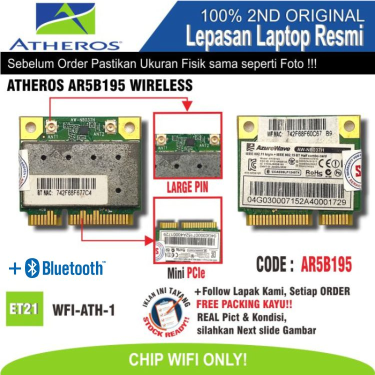 ET21 WFI-ATH-1 WIFI CHIP LAPTOP NOTEBOOK NETBOOK ATHEROS AR5B195 BIASA WIRELESS CHIP IC