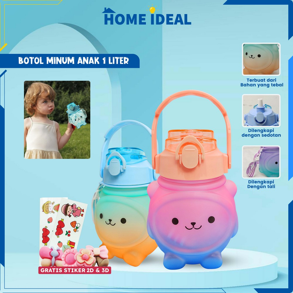 Botol Minum Anak Gradasi Motif Beruang Lucu 1000ML Portable BPA FREE / Botol Air Minum Karakter / Be