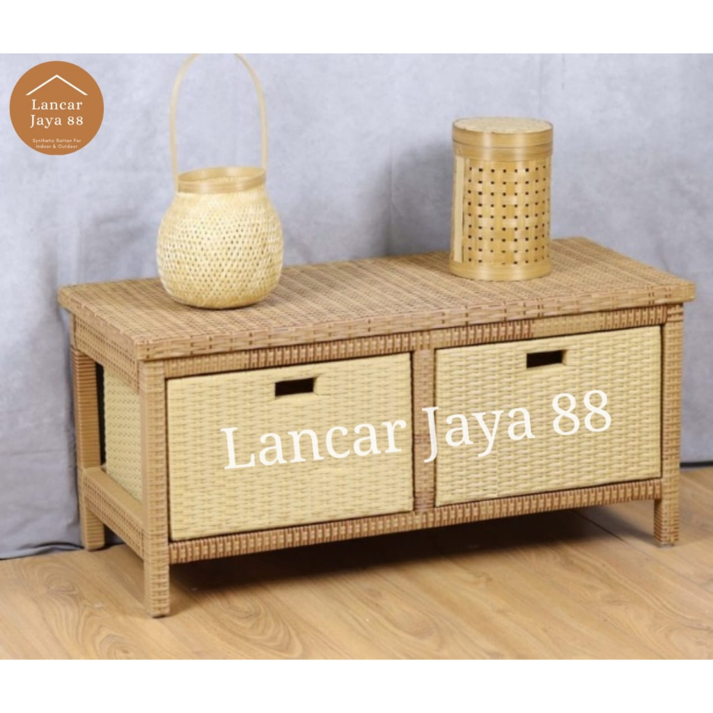 Meja Tv Lemari 2 Laci Rotan Sintetis Minimalis