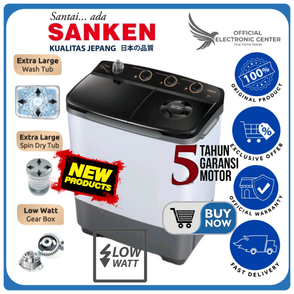 SANKEN MESIN CUCI 8KG TW8900 TW-8900 TW 8900 2 TABUNG SUPER LOW WATT SPIN DRY TUB TWIN TUB SANKEN