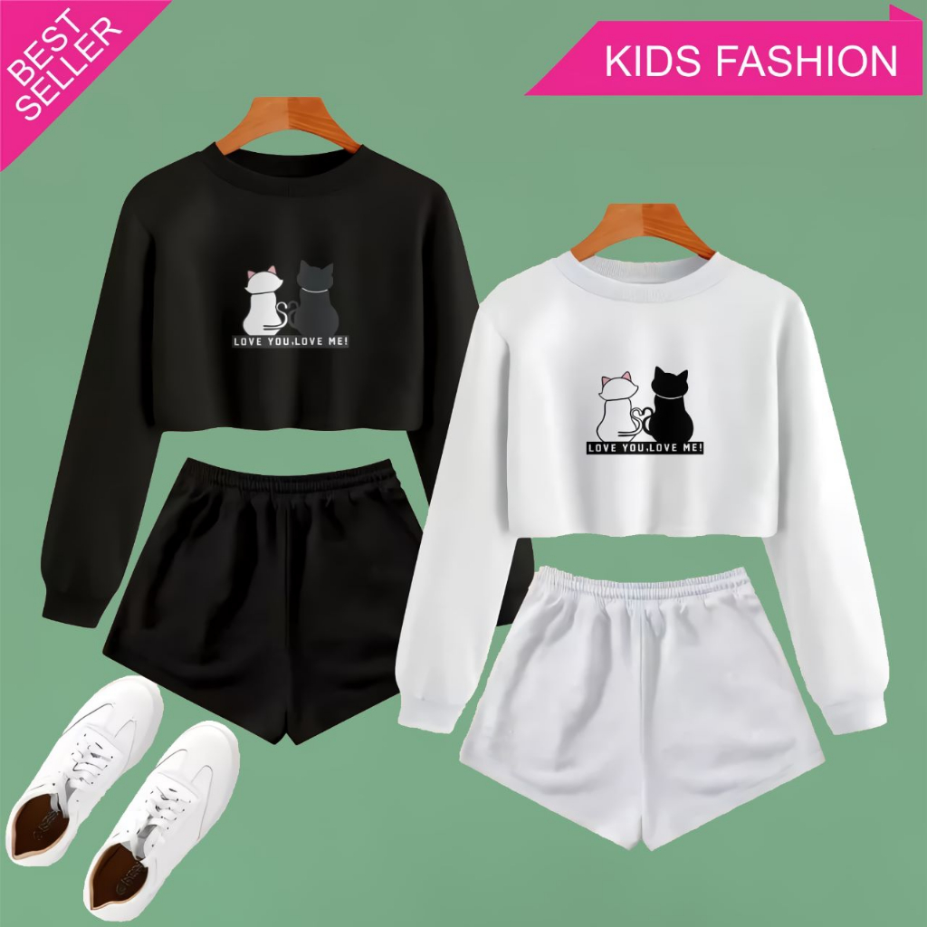 SETELAN ANAK PEREMPUAN CROP TOP USIA 2-9 TAHUN MOTIF CAT