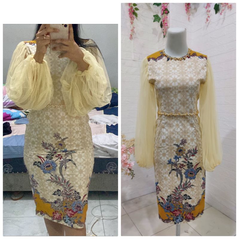 Midi Dress Batik Street Cream komb Gold lengan Balon tile