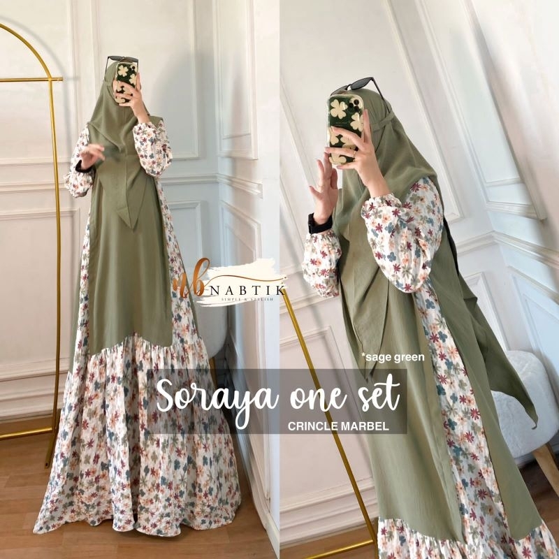 Dress gamis set hijab terbaru Soraya syari crinkle halus ori nabtik