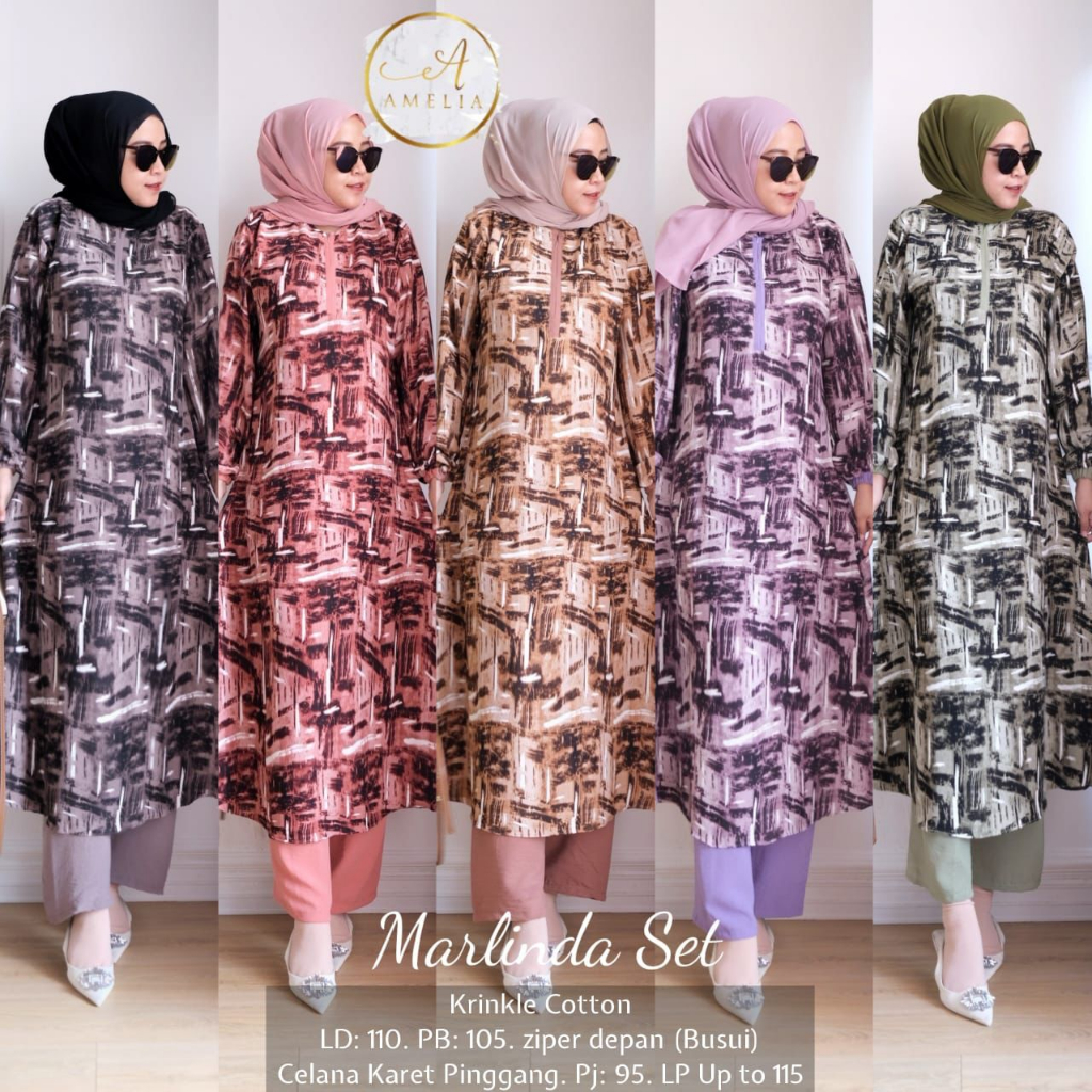 MARLINDA SET ORIGINAL BY AMELIA SETELAN BAJU WANITA TUNIK CRINKLE MOTIF DAN CELANA KATUN POLOS ONESE
