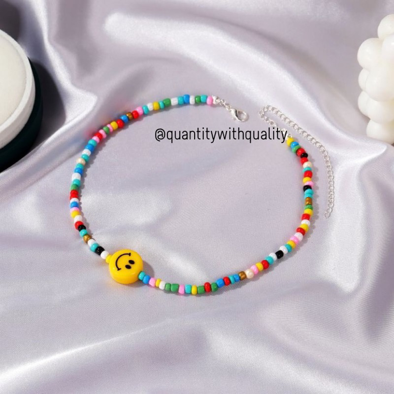 PROMO 1SET DAPAT 3 KALUNG CINCIN GELANG MANIK WANITA RAINBOW WARNA PELANGI MIX BEADS SMILE PREMIUM IMPORT