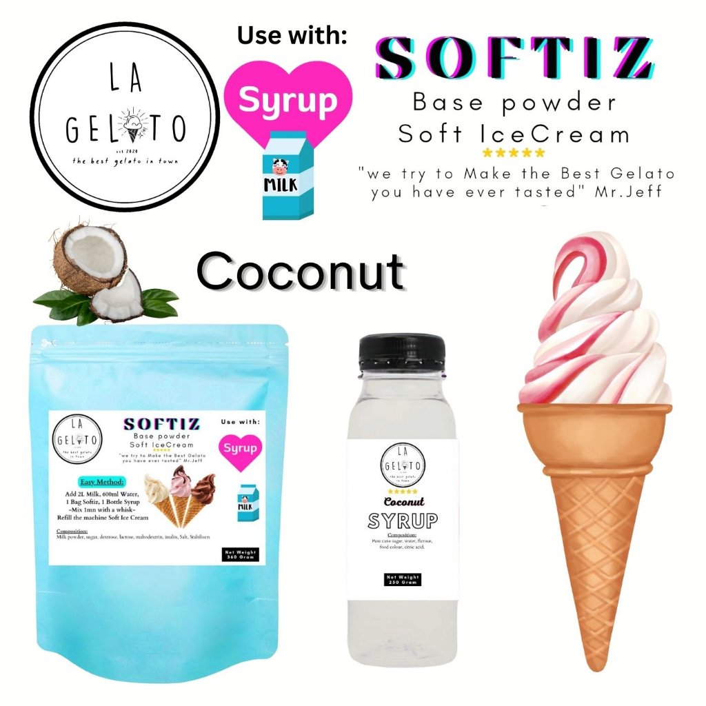 

Paket Softiz bubuk soft ice cream dan sirup rasa Coconut untuk 3kg | Powder Ice Cream Fruity Buah Murah Mudah Cool Dingin Tahan Lama Coklat Vanila Thai Tea Capuccino Es Doger Taro Leci Anggur Strawberry