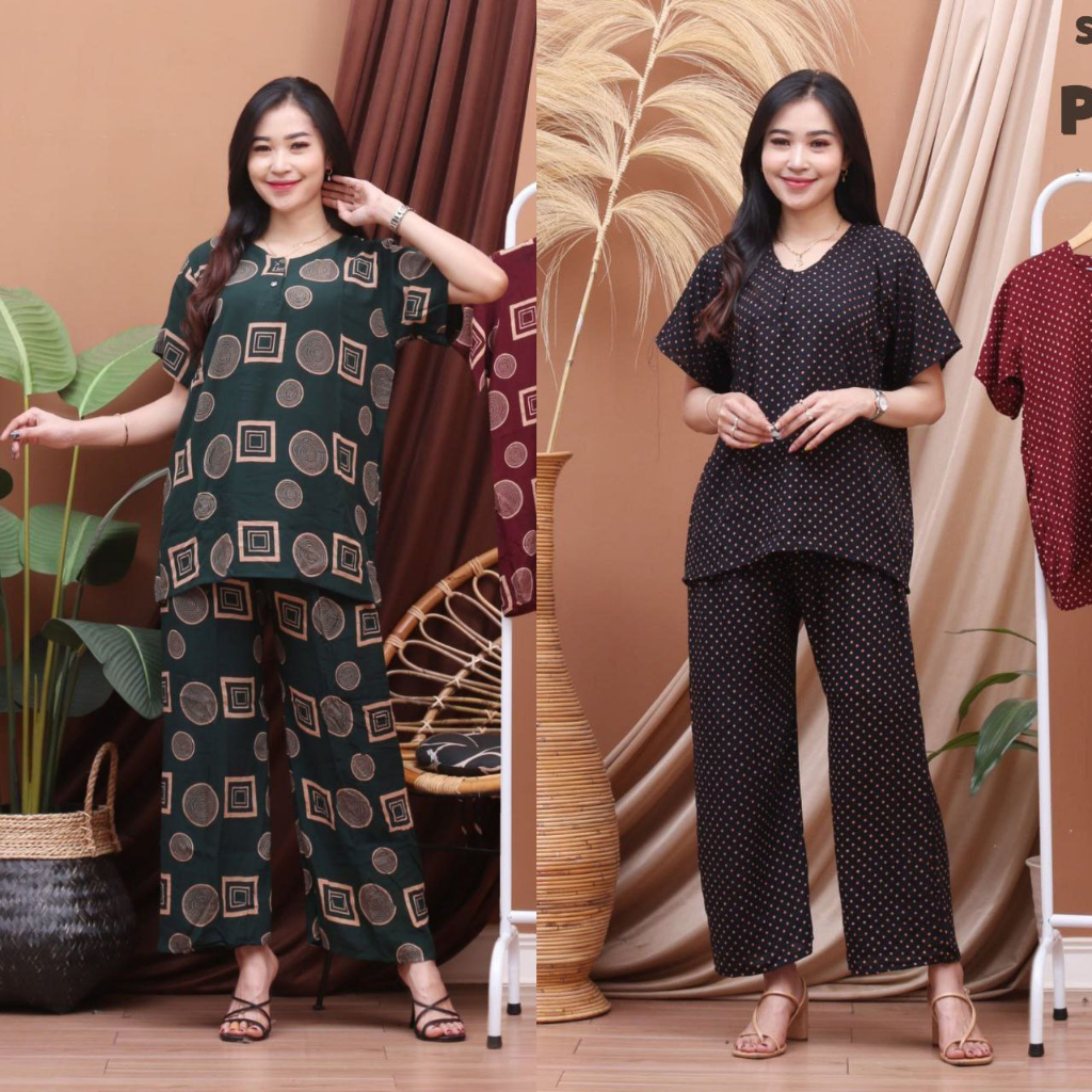 Piyama batik busui kotak setelan cp malika sayur lengan pendek one set celana panjang