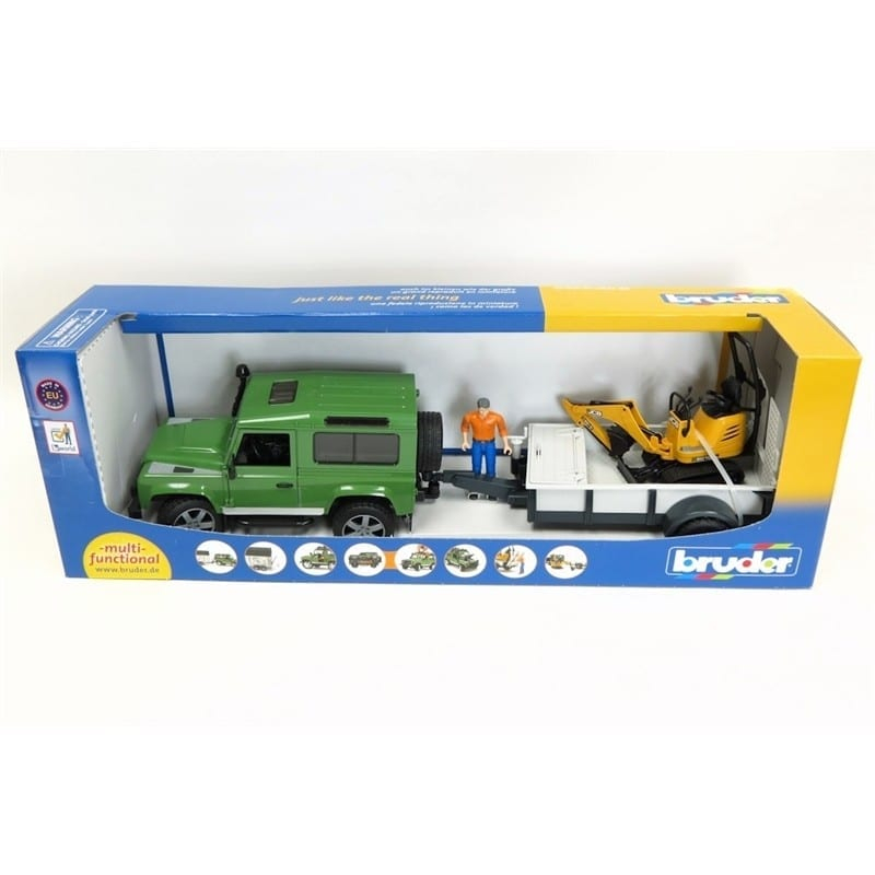 Mainan mobil mobilan anak Bruder Land Rover Defender Station Wagon + JCB Micro Excavator