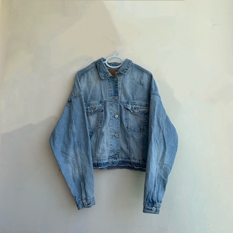 Jacket Jeans Semi Crop Oversize Lengan Balon American Eagle Wanita