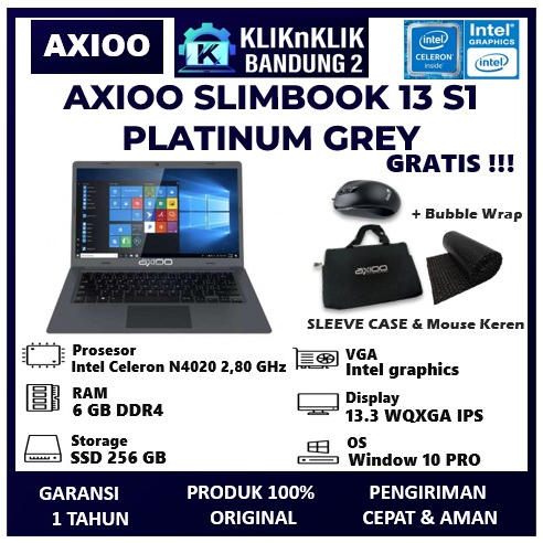 Laptop Sekolah axioo slimbook 13 S1 intel N4020 ram 6GB SSD 256GB platinum Grey garansi Resmi