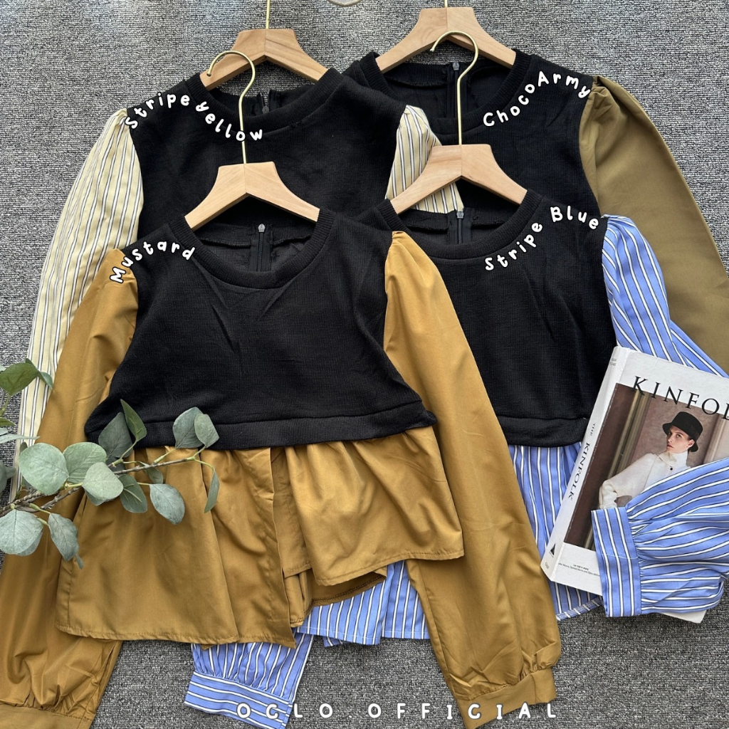 Oclo Rerashy Blouse crop mix knit atasan wanita casual basic daily wear