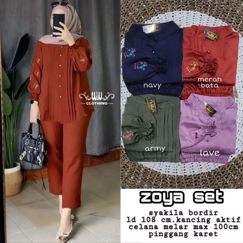 Baju Setelan Wanita One Set Zoya Set Motif Bordir Busui