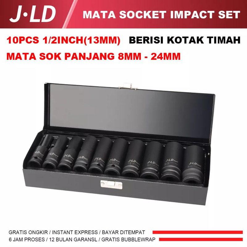 JLD Mata Kunci shock Impact Panjang 1/2" 8-24MM 10pcs Impact Socket - Mata Sok Panjang mata kunci sh