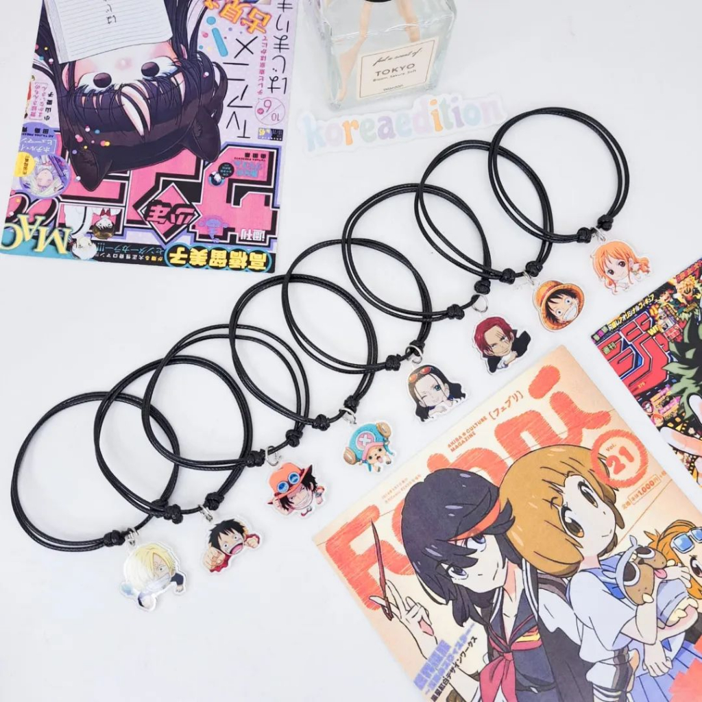 Gelang Tali Hitam & Strap HP One Piece Bracelet Akrilik Anime Luffy Nico Robin Chopper Ace