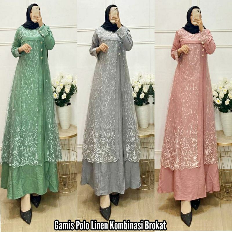 Gamis Premium Katun Polo Linen Kombinasi Brokat