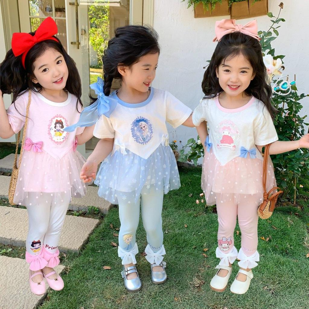 [PRINCESS KESLI] 1-9 Tahun Setelan Baju Anak Perempuan Tile Pita Poliester Polos Nyaman Lembut Kids