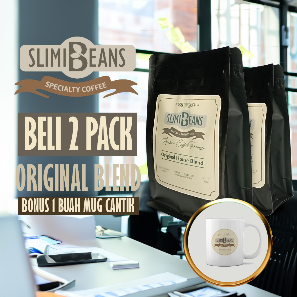 

Slimibeans Original House Blend 250 gr Isi 2 Pack Bonus Mug Cantik
