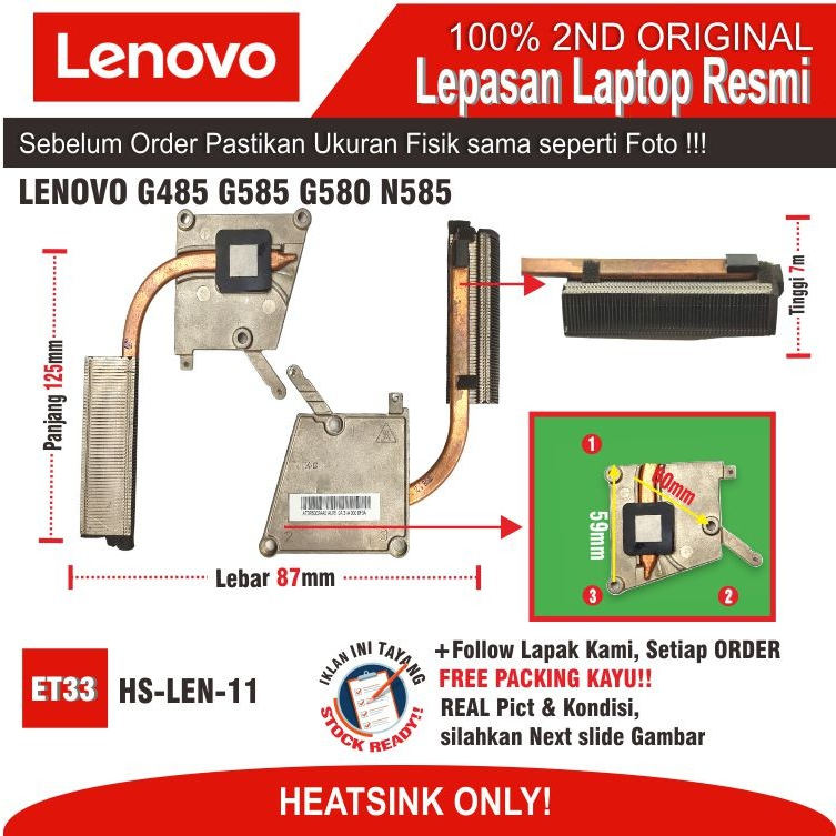 ET33 HS-LEN-11 Heatsink Pendingin FAN Laptop LENOVO G485 G585 G580