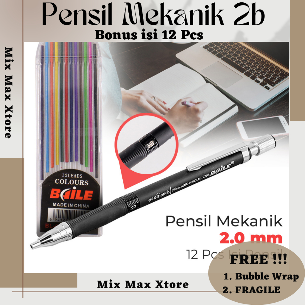 

Pensil Mekanik 2B 2mm isi 12 Mechanical Pencil - Black / Multi Color