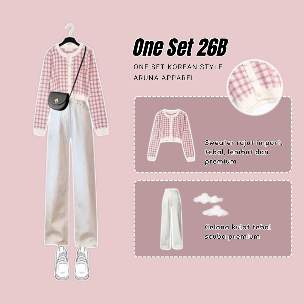 One Set Outfit Korea, outfit ulzzang, ootd Korea wanita, Korean style (Set Sweater 26b)