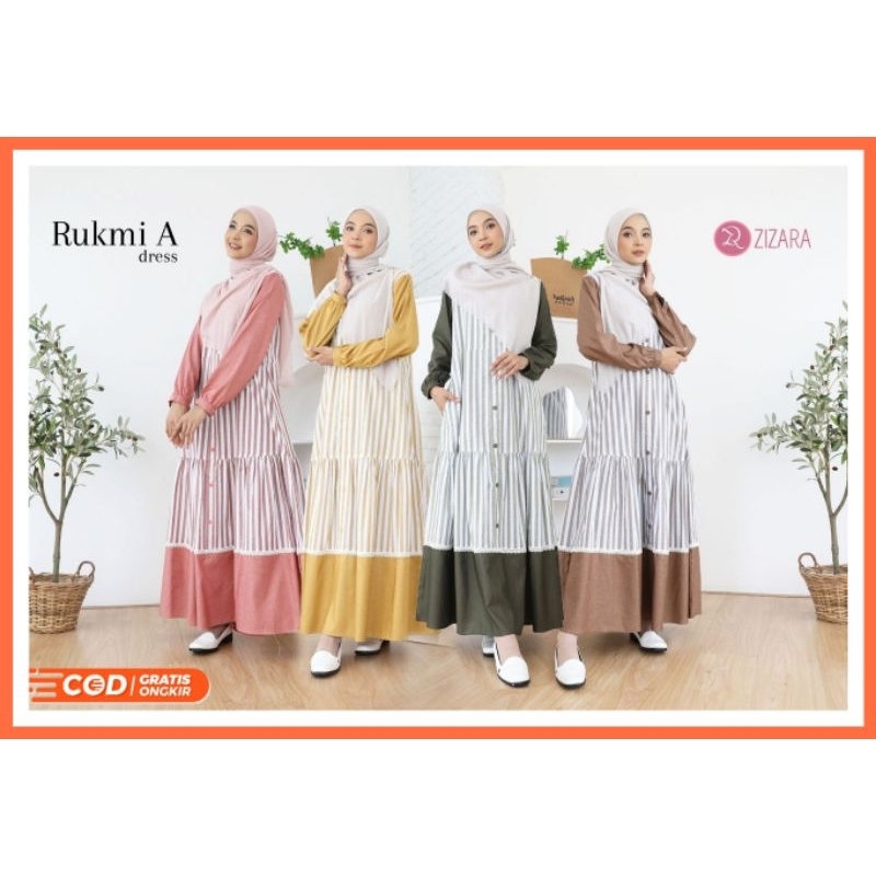 Rukmi Dress A by Zizara Gamis Wanita Terbaru Gamis Katun Haruka Motif Mix Katun Madinah Polos