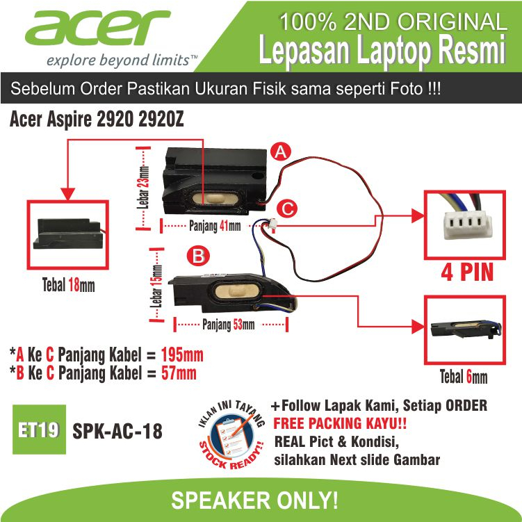 ET19 SPK-AC-18 Speaker Sound Audio Kotak Suara Laptop Laptop Acer Aspire 2920 2920Z ori Fullset Ster
