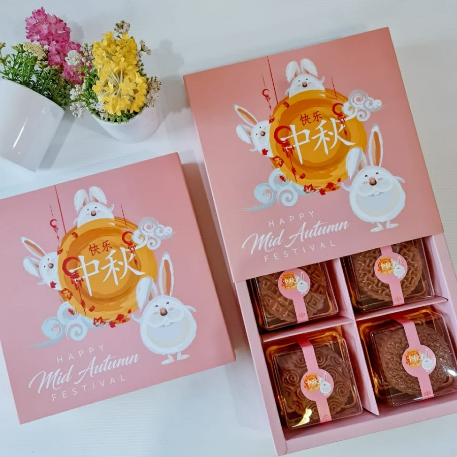 

5 Pcs Dus Mika Mooncake 100 gr Kotak Kemasan Box Kue Bulan Kardus Hampers Mid Autumn Festival Sekat 4 " PINK RABBIT