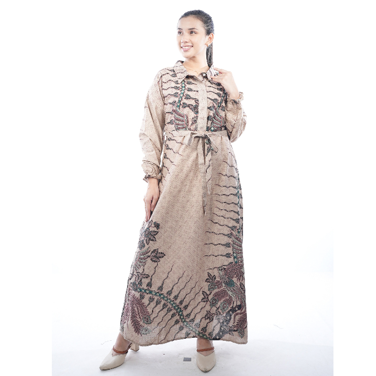 BATIK TRUSMI Dress Batik Wanita Gamis Batik Motif Kombinasi Sora Coklat