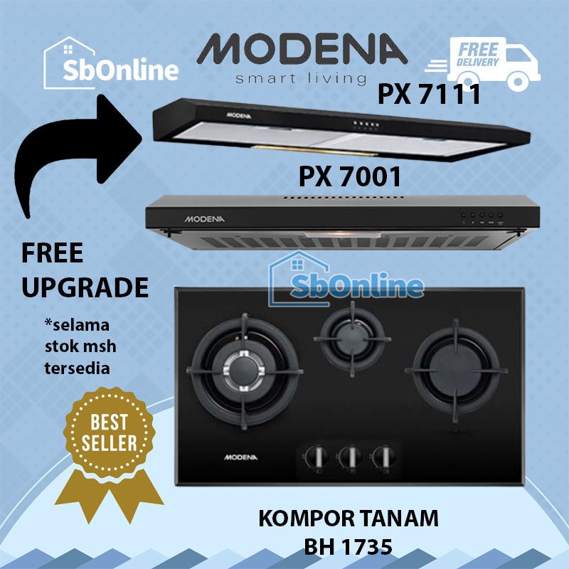 MODENA Paket Kompor Tanam 3 Tungku 70 cm dan Cooker Hood 70 cm - BH 1735 & PX 7001